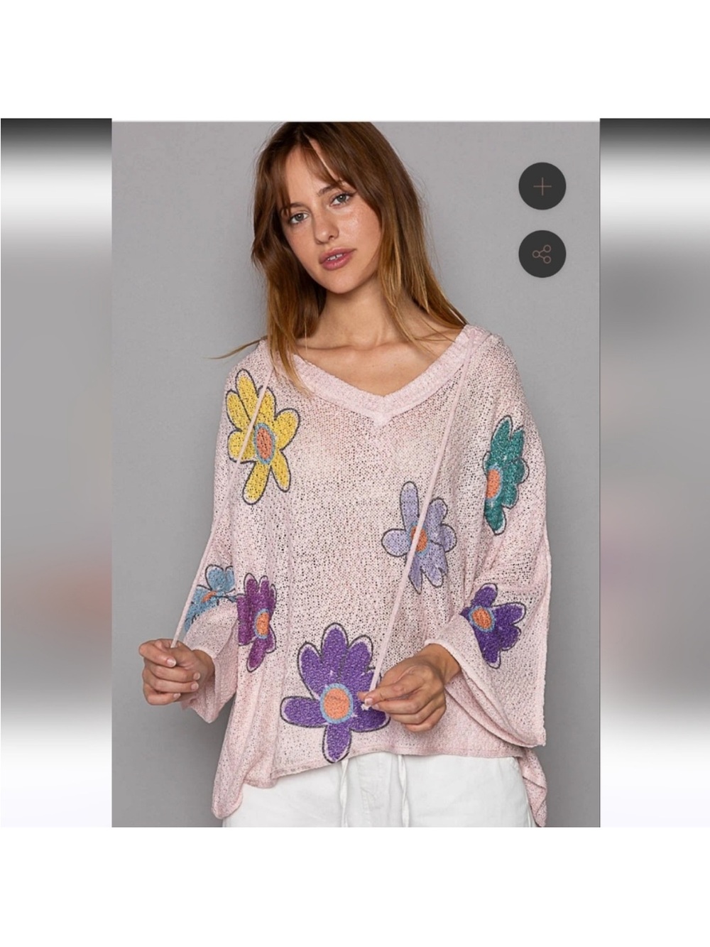 POL Light Pink Floral daisy V-Neck Women's oversized hoodie